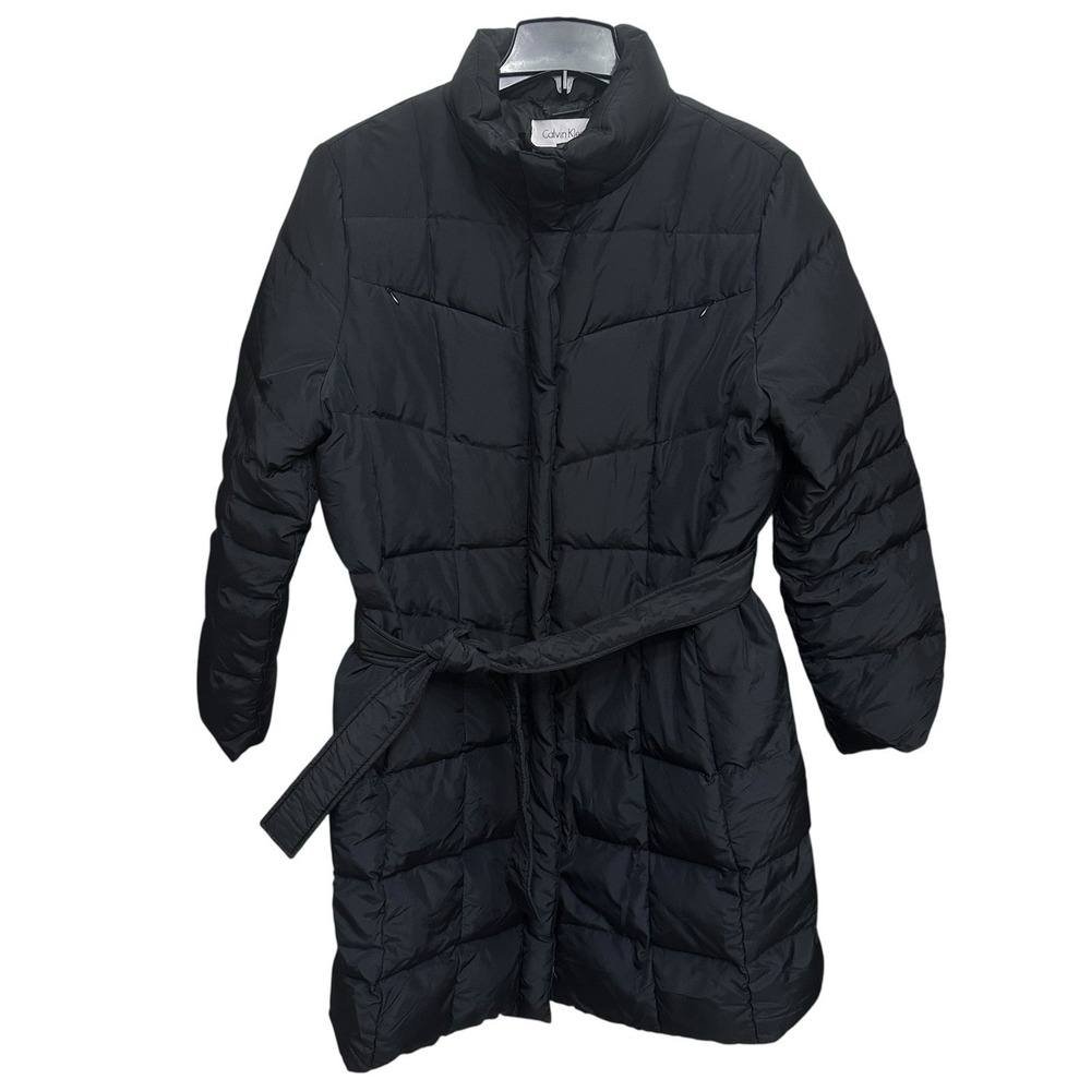 Calvin Klein Down Filled Jacket Coat Women's XL Tie Belt Zip Pockets Black